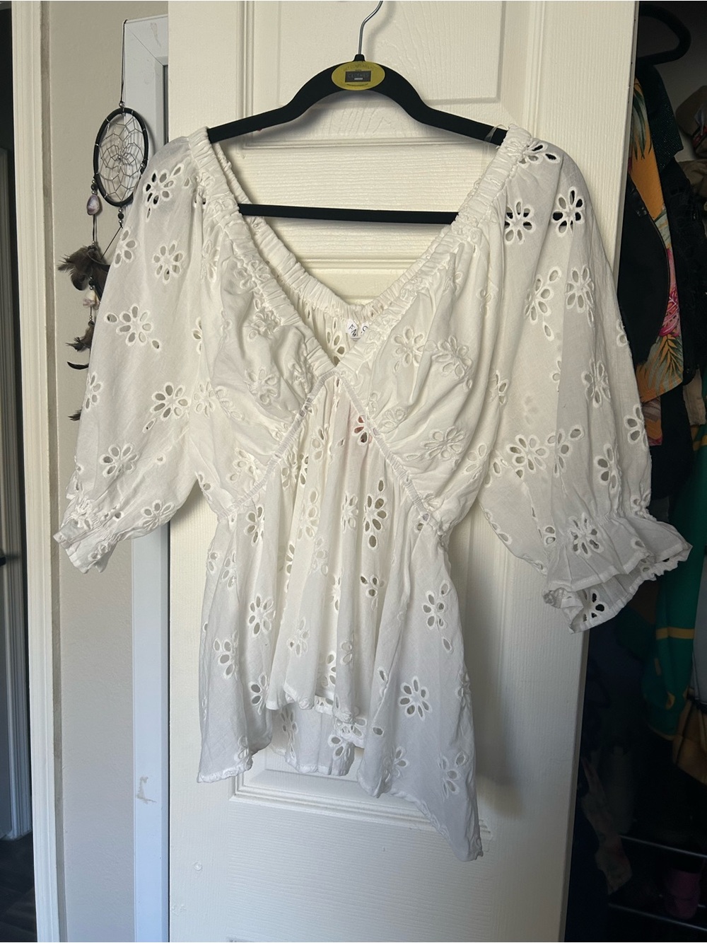 White Eyelet Peasant Top